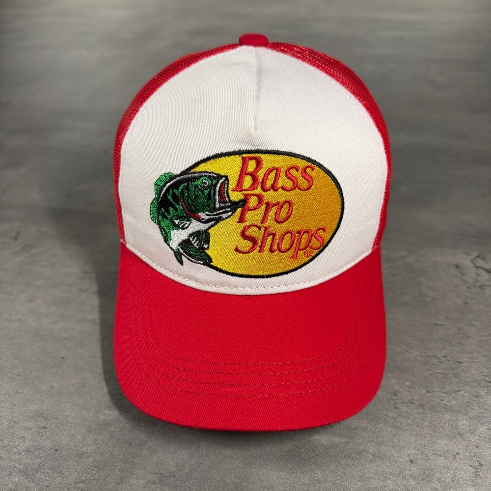 Vintage Bass Pro Shops Snapback Trucker Hat Youth Red White Fishing Logo Cap